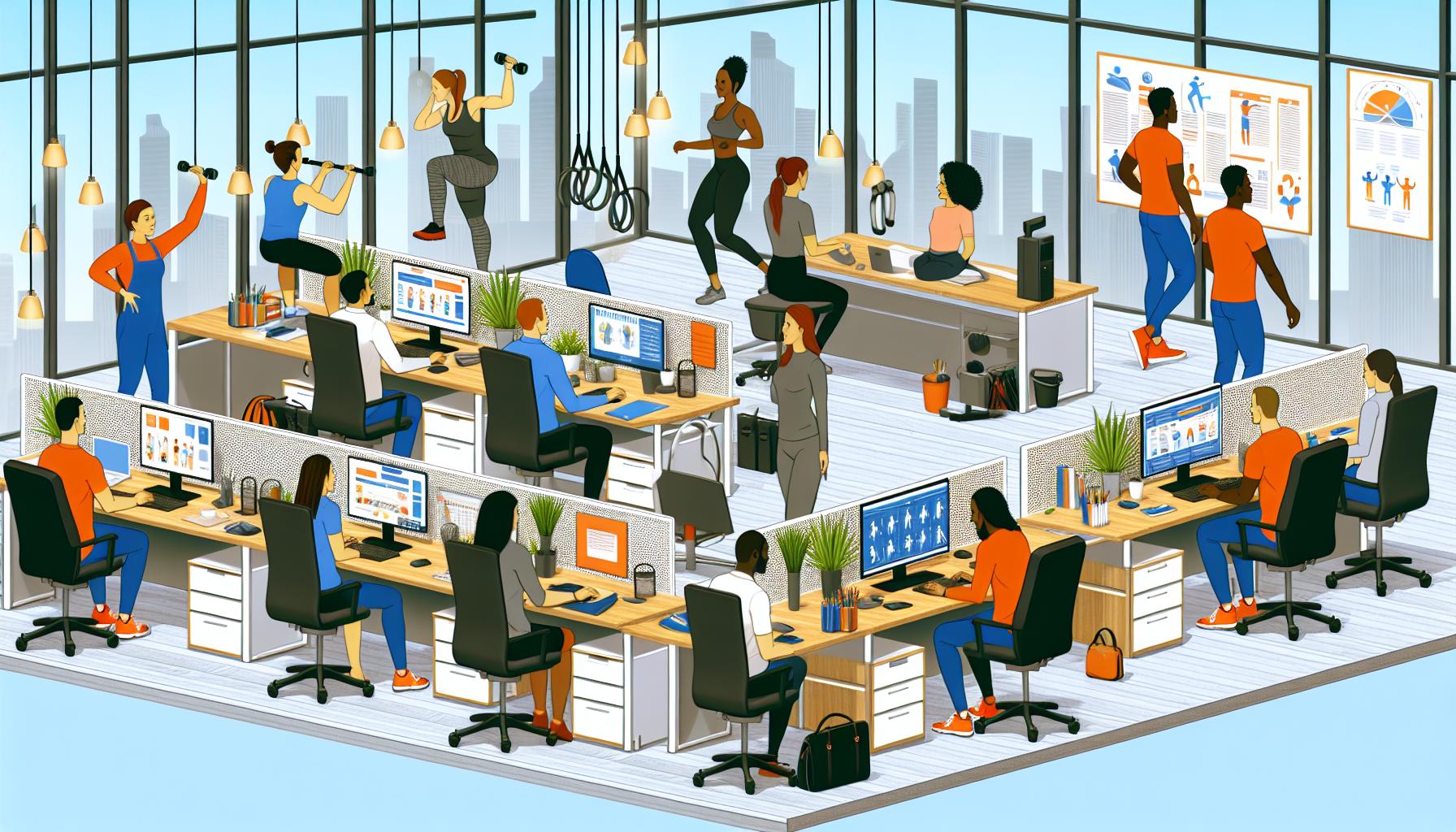 An image of a modern office space with employees working at their desks, some participating in a fitness challenge, and others accessing wellness reso